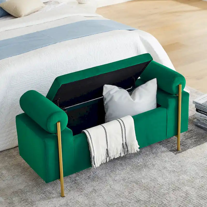 Green Velvet Upholstered Storage Ottoman Bench with Gold Metal Legs
