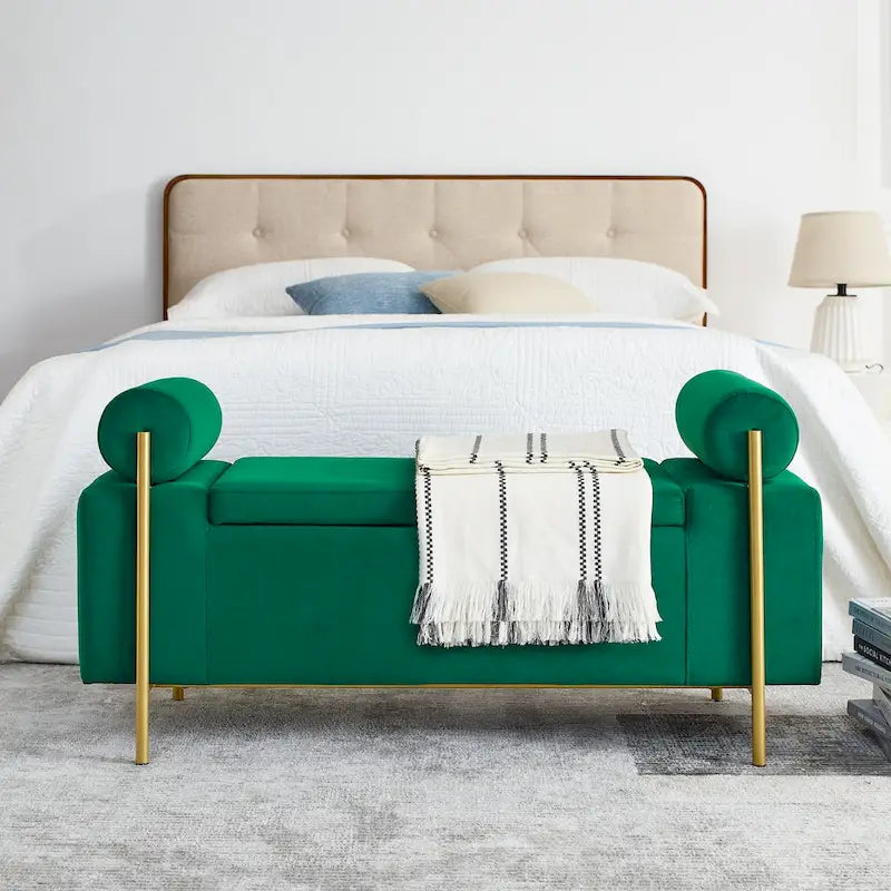 Green Velvet Upholstered Storage Ottoman Bench with Gold Metal Legs