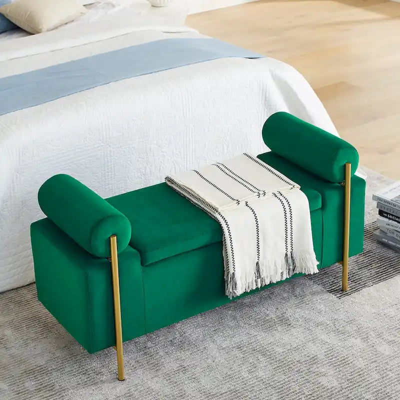 Green Velvet Upholstered Storage Ottoman Bench with Gold Metal Legs