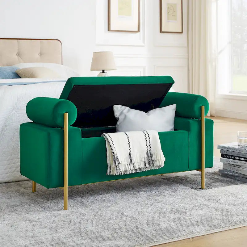 Green Velvet Upholstered Storage Ottoman Bench with Gold Metal Legs