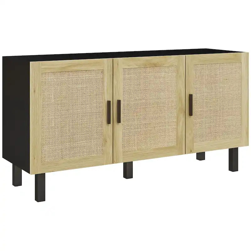 Boho Rattan Door Storage Sideboard Cabinet with Adjustable Shelves, Black and Natural