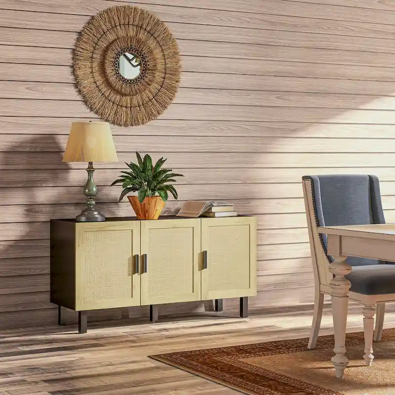 Boho Rattan Door Storage Sideboard Cabinet with Adjustable Shelves, Black and Natural