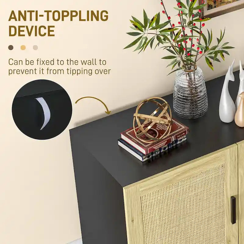 Boho Rattan Door Storage Sideboard Cabinet with Adjustable Shelves, Black and Natural