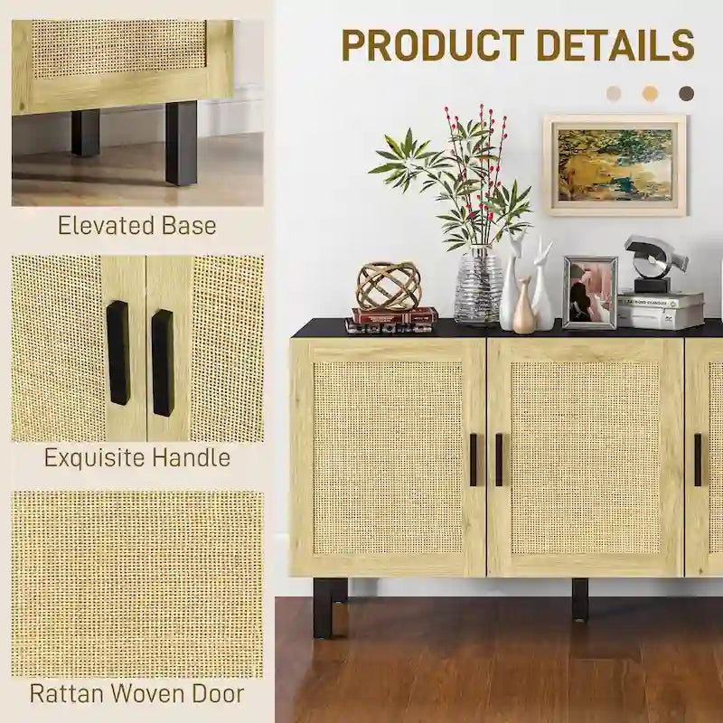 Buffet de rangement bohème à portes en rotin avec étagères réglables, noir et naturel