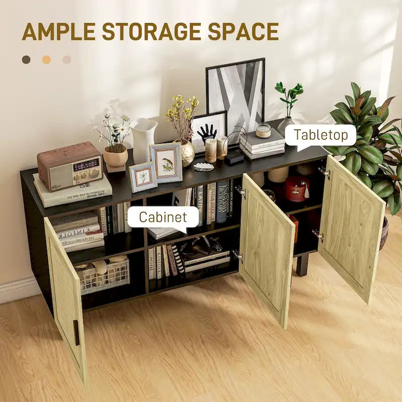 Buffet de rangement bohème à portes en rotin avec étagères réglables, noir et naturel