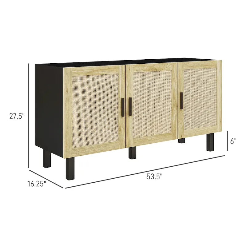 Buffet de rangement bohème à portes en rotin avec étagères réglables, noir et naturel
