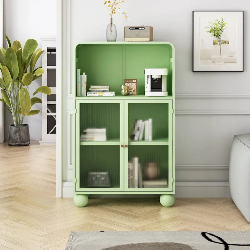 Green Metal Glass Door Freestanding Storage Display Cabinet with Open Shelf and Ball Feet
