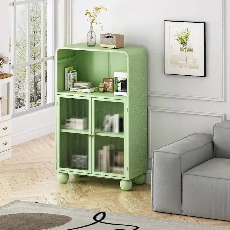 Green Metal Glass Door Freestanding Storage Display Cabinet with Open Shelf and Ball Feet