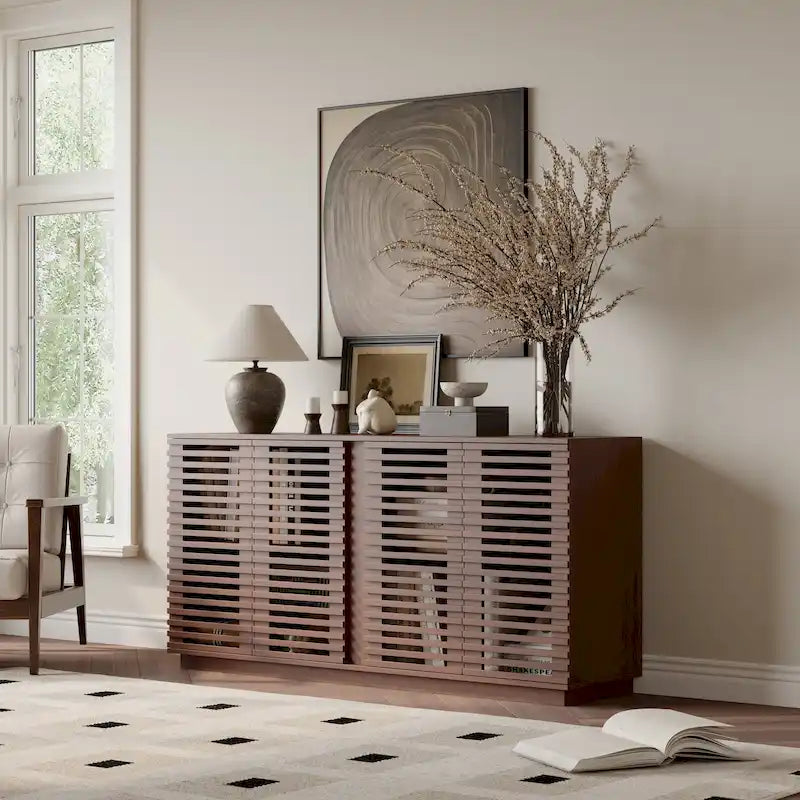 Slatted Door Sideboard Buffet Cabinet Large Storage Rosewood Oak Finish