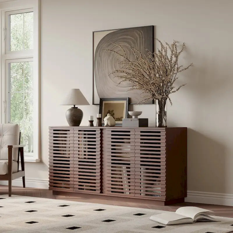 Hollow Cabinet Door Large Storage Cabinet For Living Room,Dining Room,Bedroom,Hall,Rosewood Oak,59.92W X 15.75D X 29.53H
