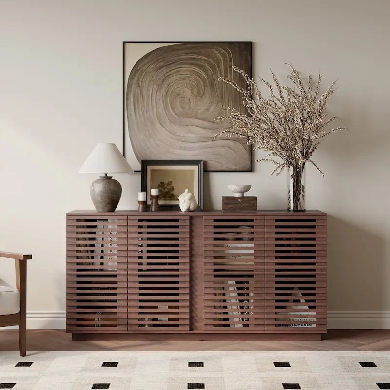 Slatted Door Sideboard Buffet Cabinet Large Storage Rosewood Oak Finish