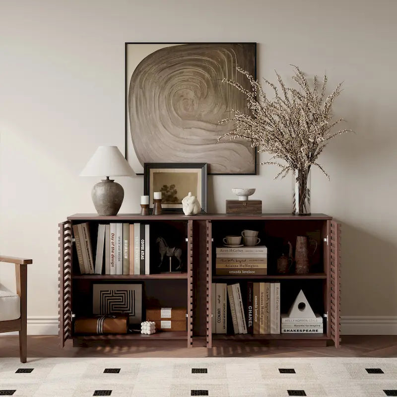 Slatted Door Sideboard Buffet Cabinet Large Storage Rosewood Oak Finish