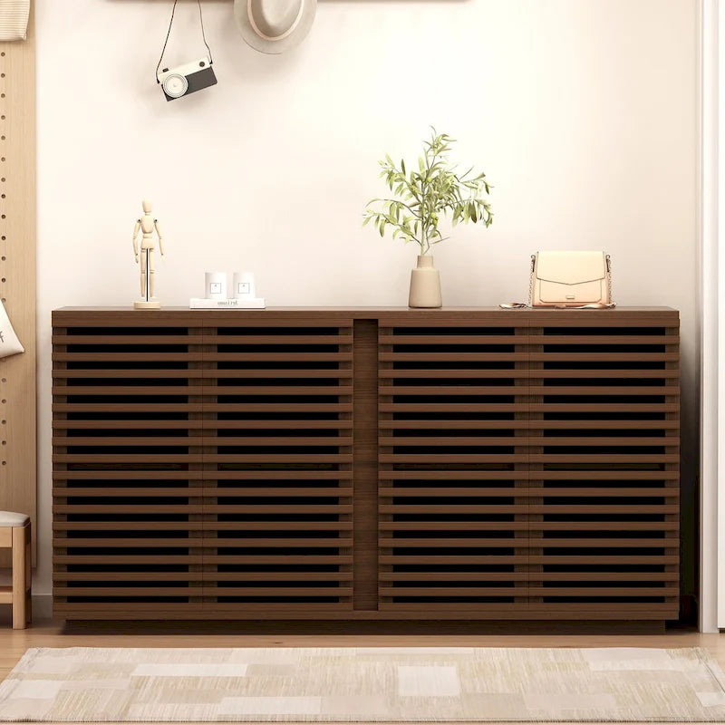 Slatted Door Sideboard Buffet Cabinet Large Storage Rosewood Oak Finish