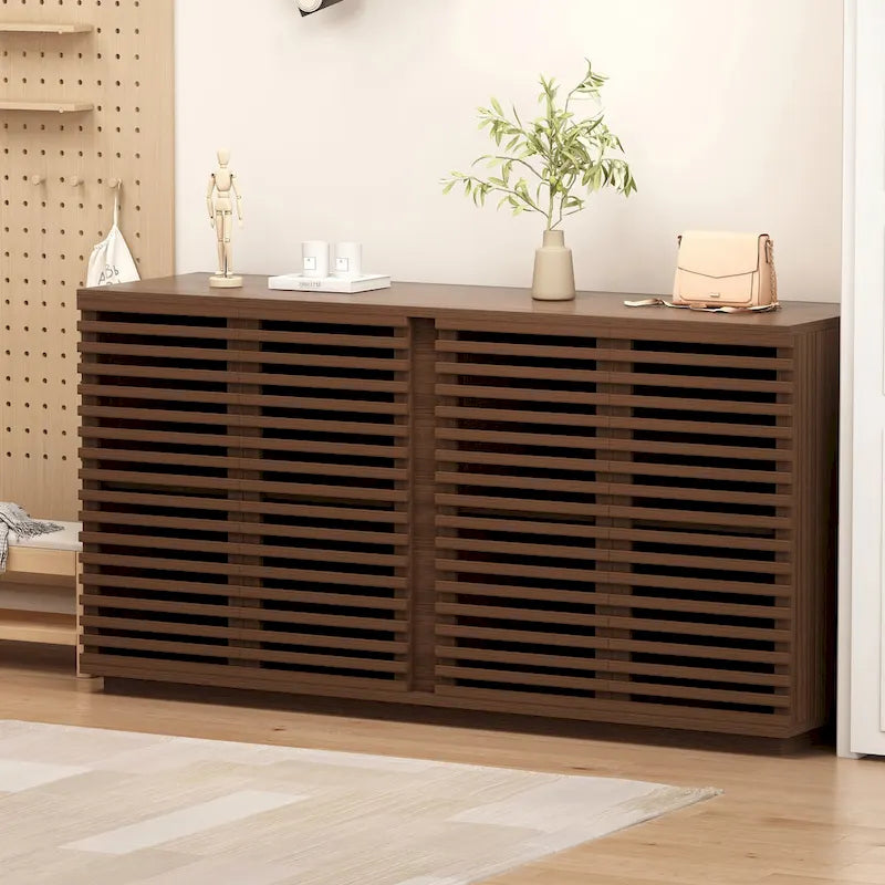 Slatted Door Sideboard Buffet Cabinet Large Storage Rosewood Oak Finish