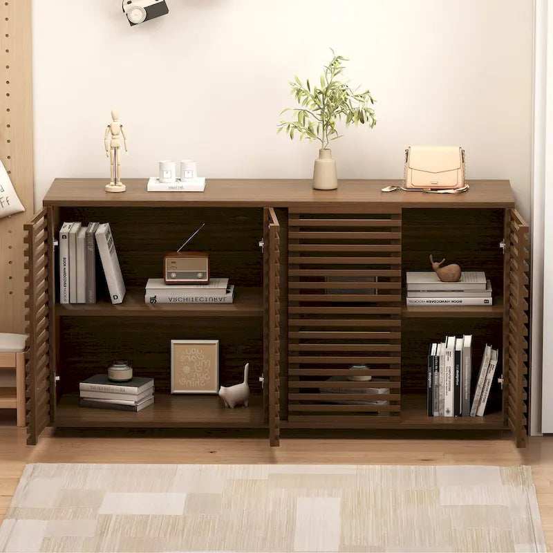 Slatted Door Sideboard Buffet Cabinet Large Storage Rosewood Oak Finish