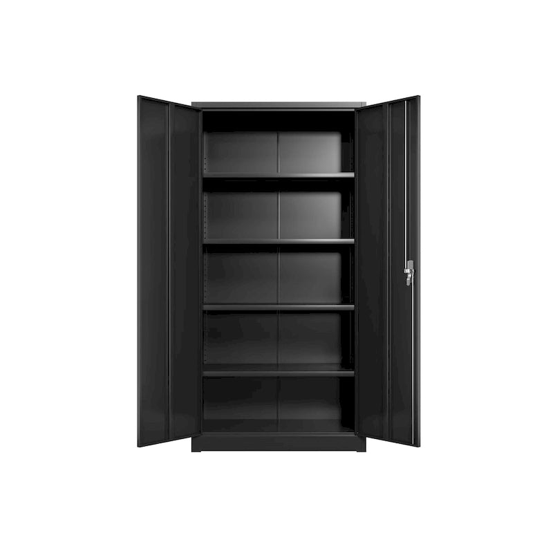 Black Two-Door Metal Storage Cabinet with 5 Adjustable Shelves and Lock