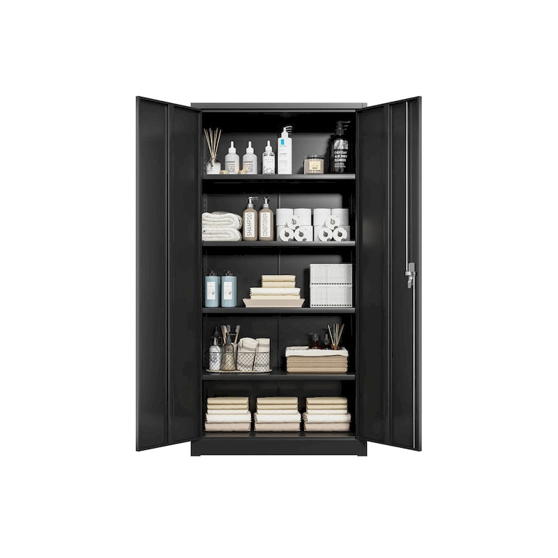 Black Two-Door Metal Storage Cabinet with 5 Adjustable Shelves and Lock