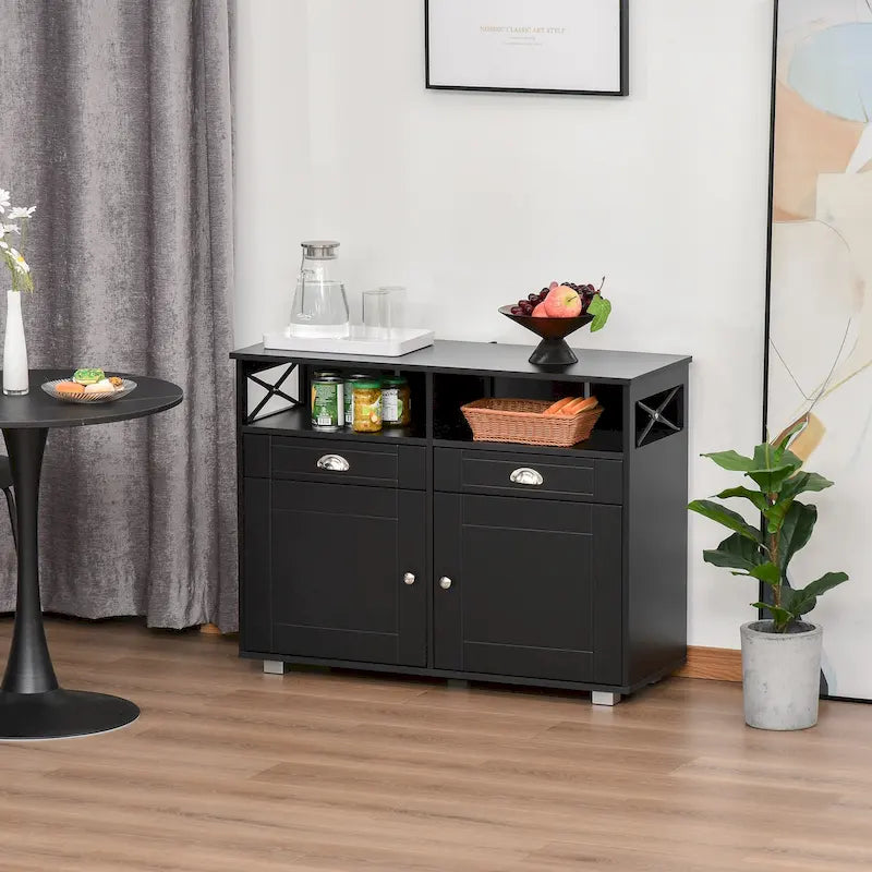 Sideboard Buffet Storage Cabinet with Drawers, Open Shelves, Black/White