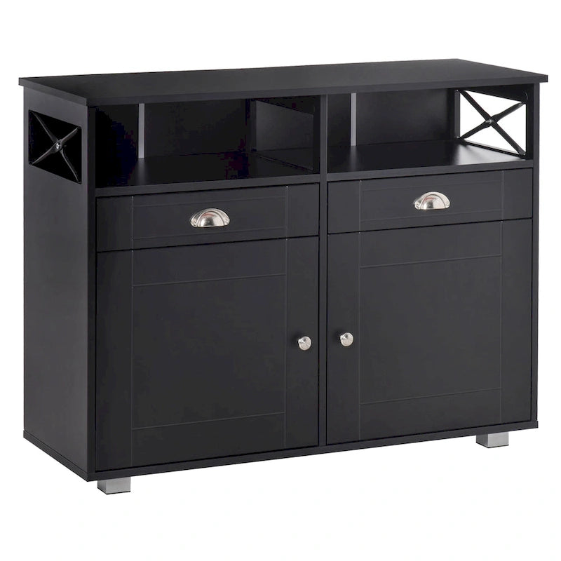 Buffet vaisselier de rangement avec tiroirs et étagères ouvertes, noir/blanc