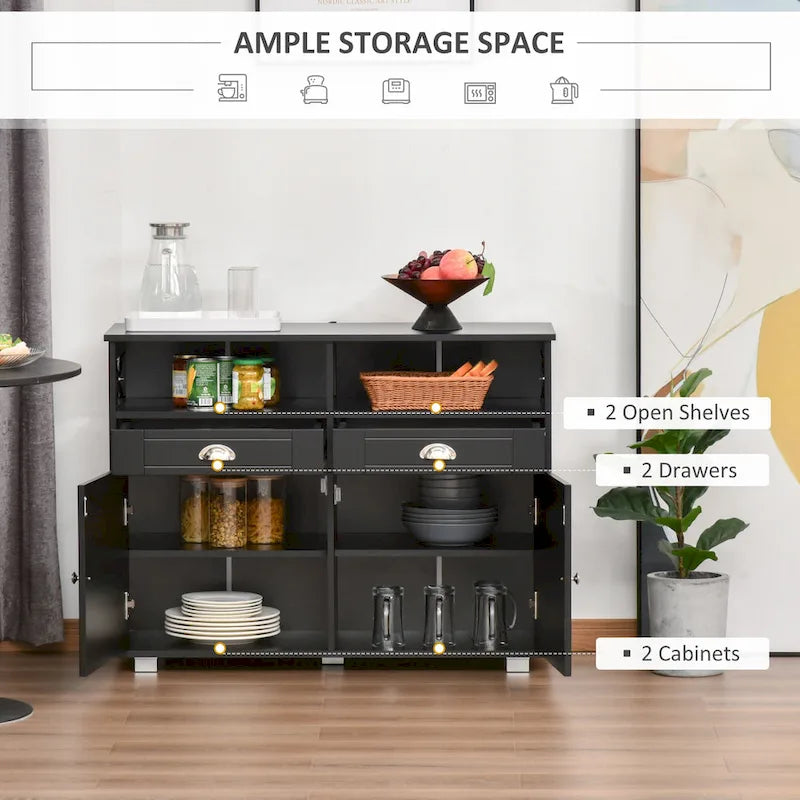 Sideboard Buffet Storage Cabinet with Drawers, Open Shelves, Black/White