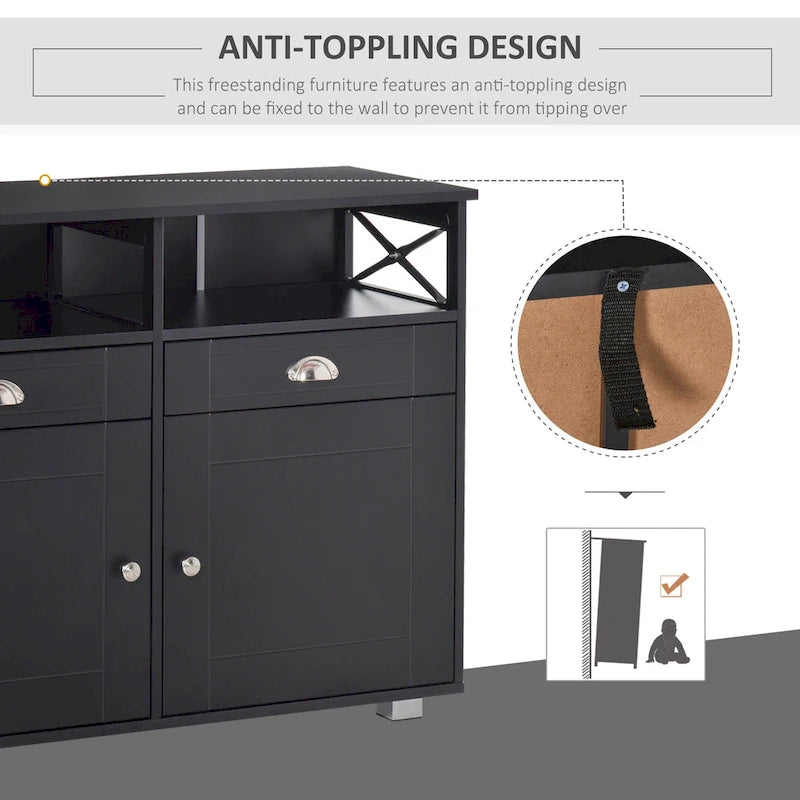 Sideboard Buffet Storage Cabinet with Drawers, Open Shelves, Black/White