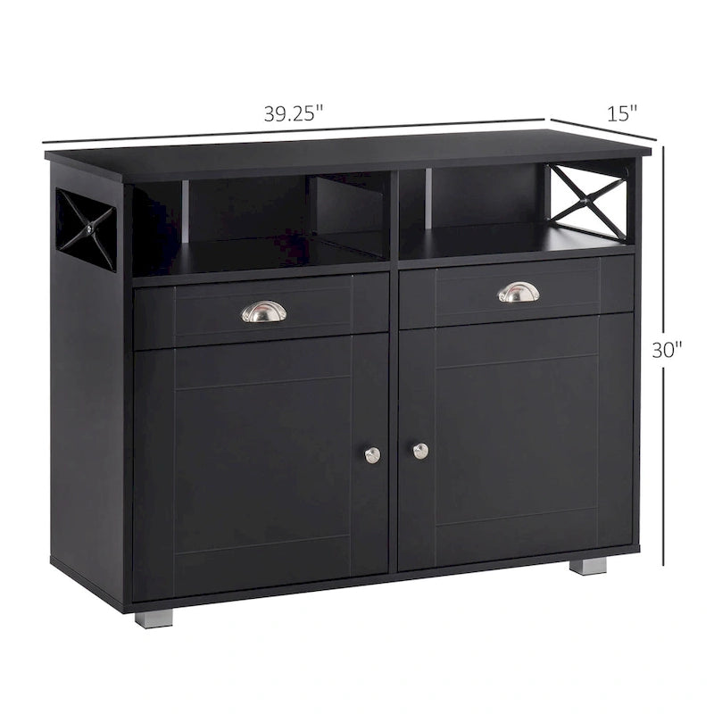 Buffet vaisselier de rangement avec tiroirs et étagères ouvertes, noir/blanc
