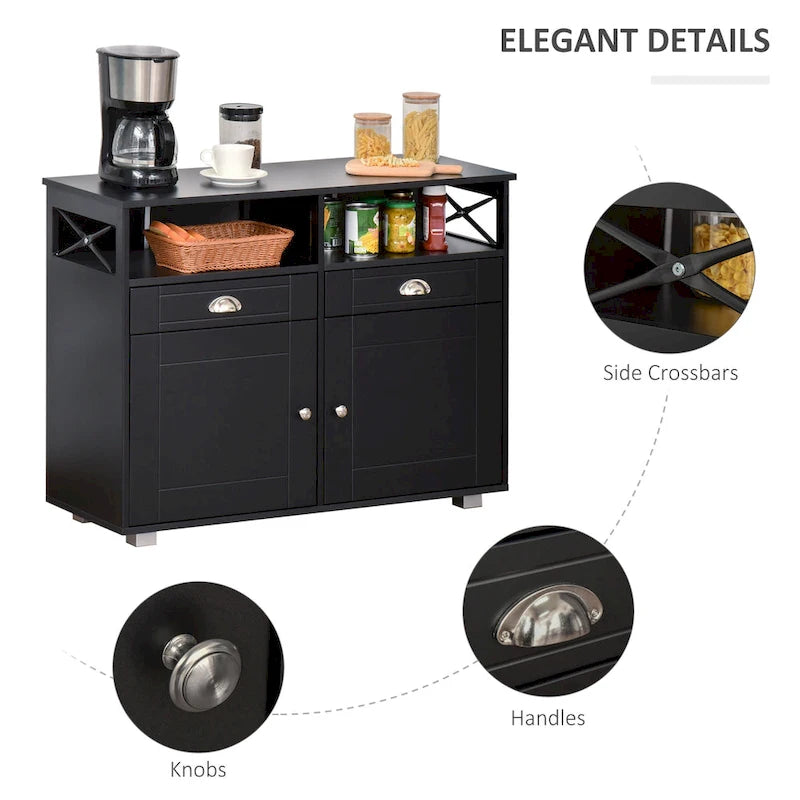Buffet vaisselier de rangement avec tiroirs et étagères ouvertes, noir/blanc