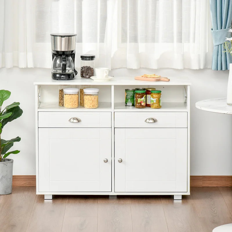 Buffet vaisselier de rangement avec tiroirs et étagères ouvertes, noir/blanc