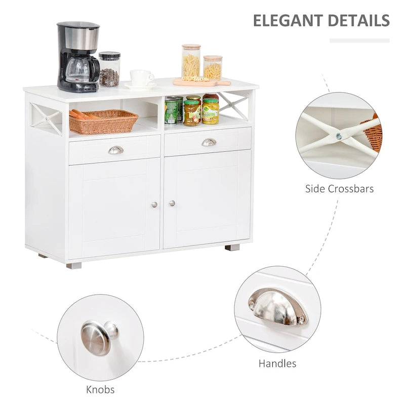 Buffet vaisselier de rangement avec tiroirs et étagères ouvertes, noir/blanc