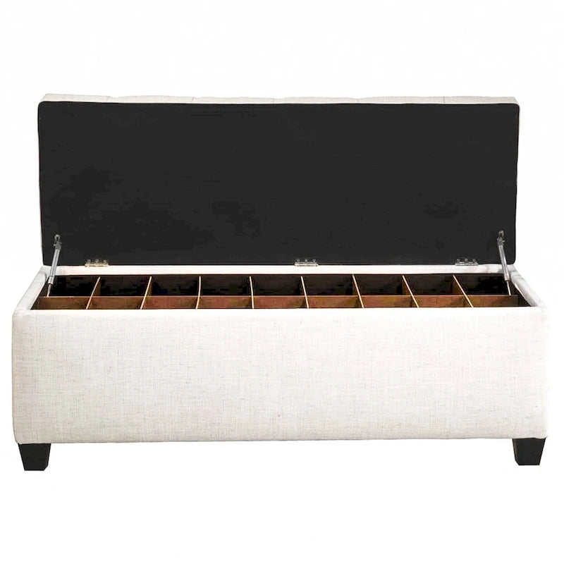 Diamond-Tufted Off-White Fabric Shoe Storage Bench with Espresso Legs