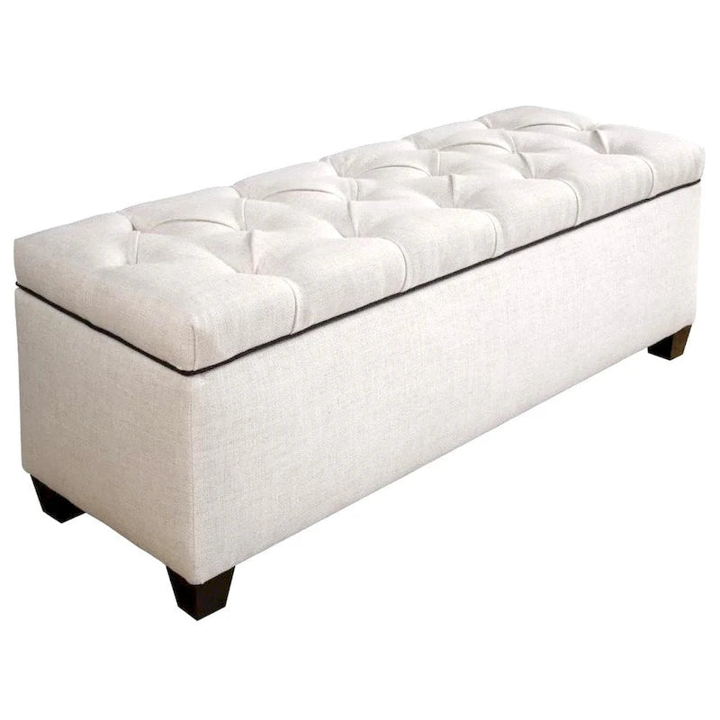 Diamond-Tufted Off-White Fabric Shoe Storage Bench with Espresso Legs
