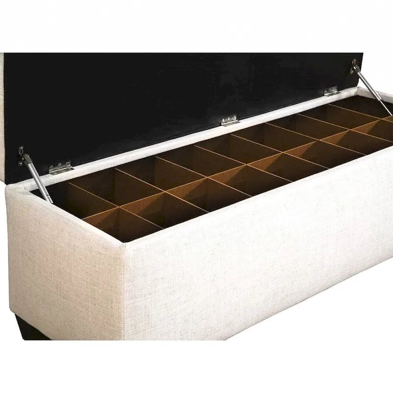 Diamond-Tufted Off-White Fabric Shoe Storage Bench with Espresso Legs