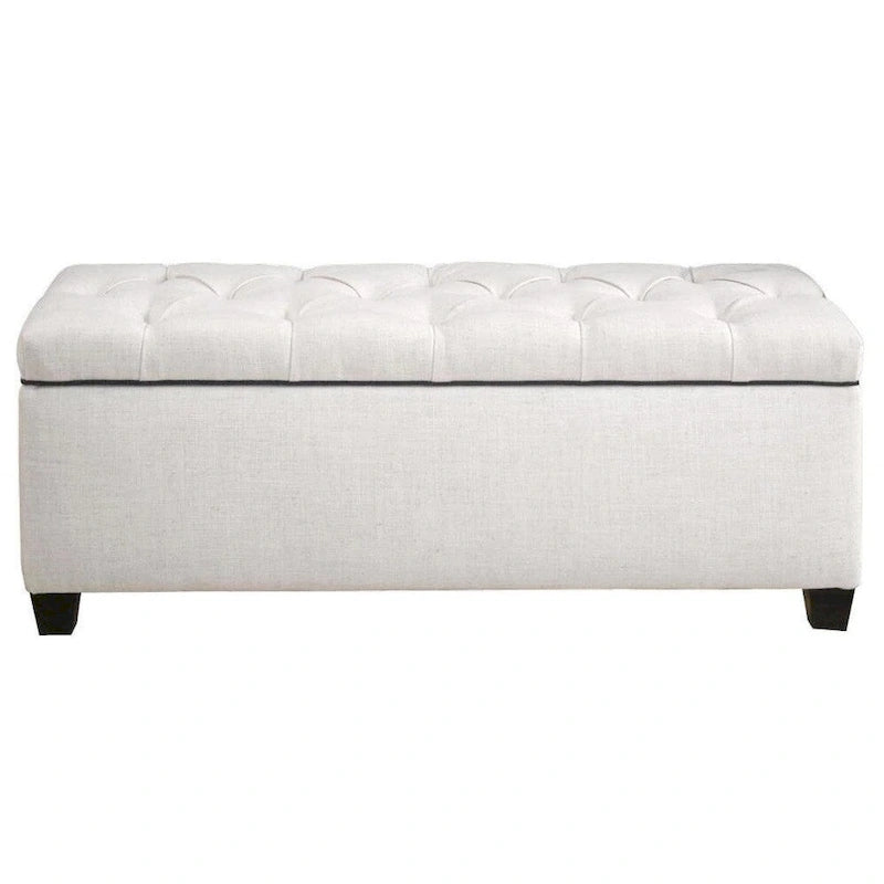 Banc à chaussures de rangement en tissu blanc cassé matelassé façon diamant, avec pieds couleur espresso