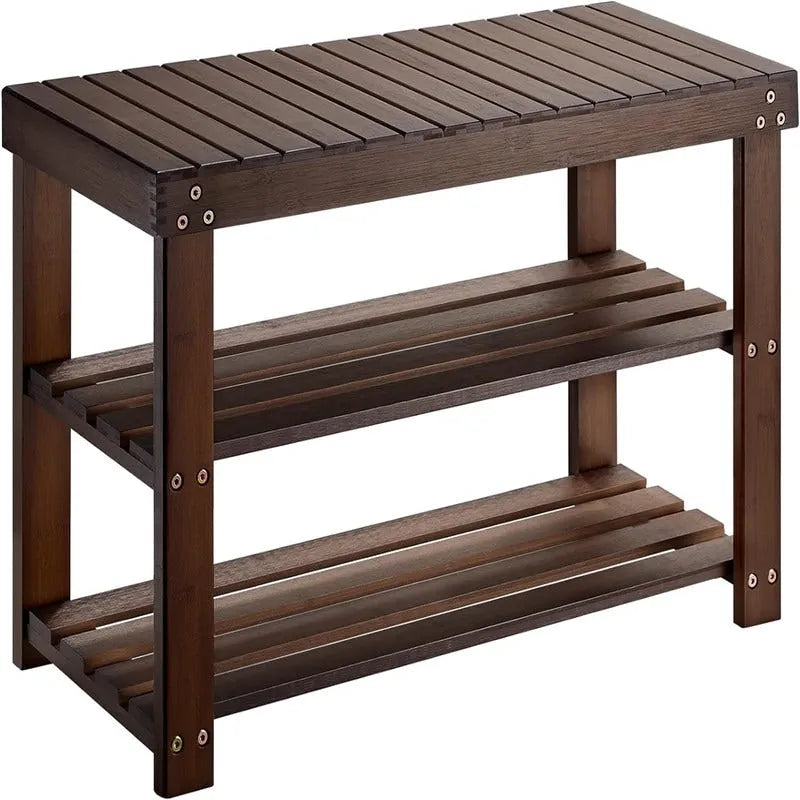 3-Tier Bamboo Shoe Bench with Storage Shelves, Dark Brown Entryway Seat