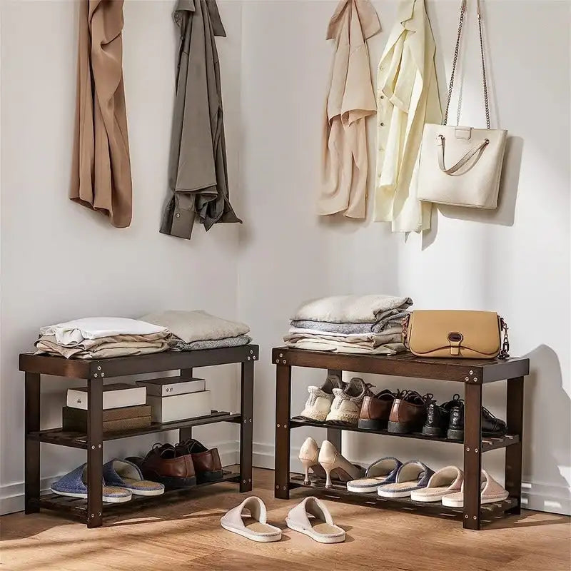 3-Tier Bamboo Shoe Bench with Storage Shelves, Dark Brown Entryway Seat