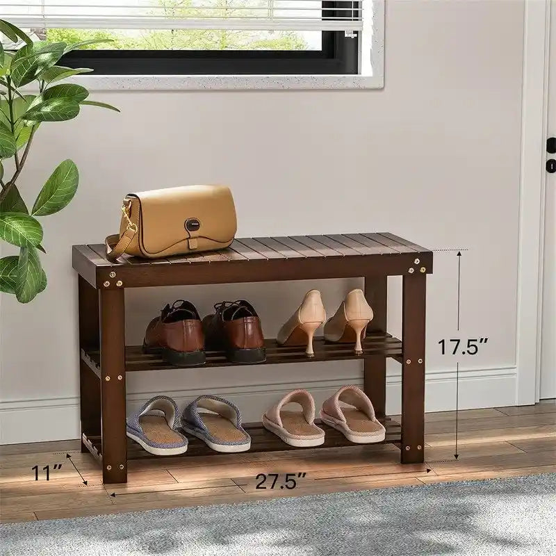 Banc à chaussures en bambou à 3 niveaux avec étagères de rangement, siège d’entrée brun foncé