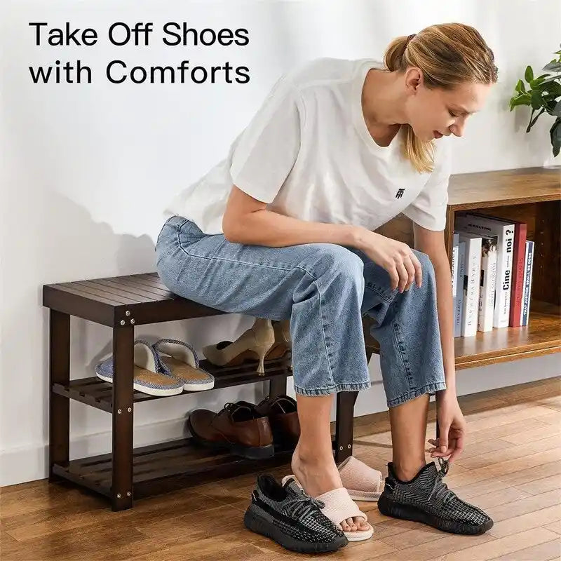 3-Tier Bamboo Shoe Bench with Storage Shelves, Dark Brown Entryway Seat