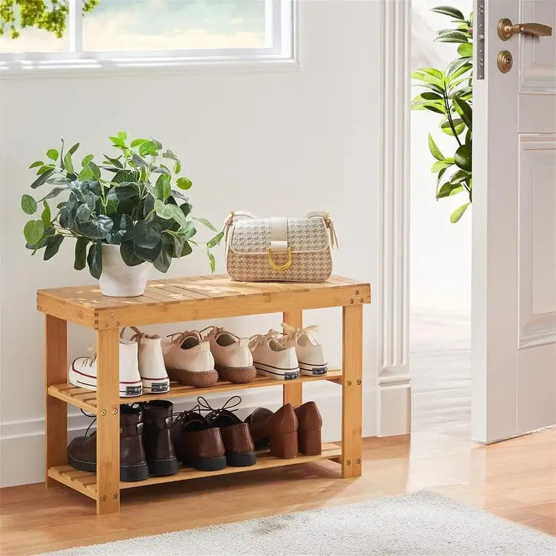 Banc à chaussures en bambou à 3 niveaux avec étagères de rangement, siège d’entrée brun foncé