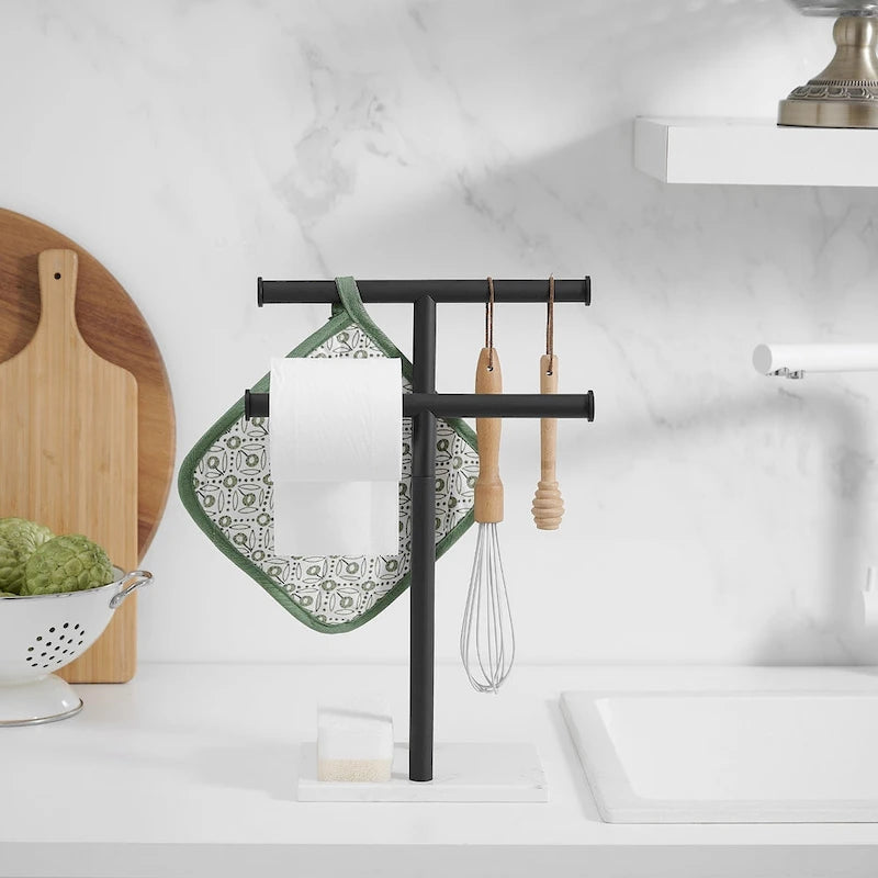 Freestanding 2-Tier T-Bar Towel Rack with Natural Marble Base, Matte Black or Brushed Nickel