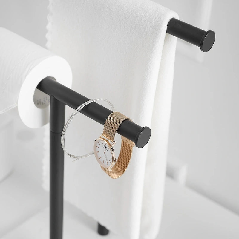 Freestanding 2-Tier T-Bar Towel Rack with Natural Marble Base, Matte Black or Brushed Nickel