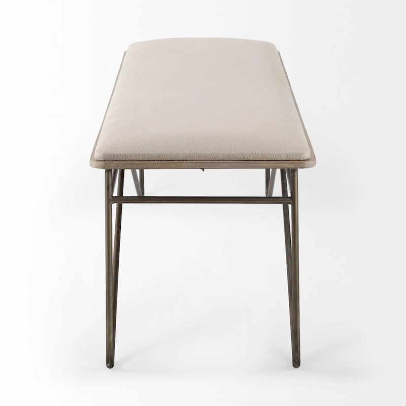 Cream Fabric Upholstered Bench with Dark Bronze Crossed Metal Frame