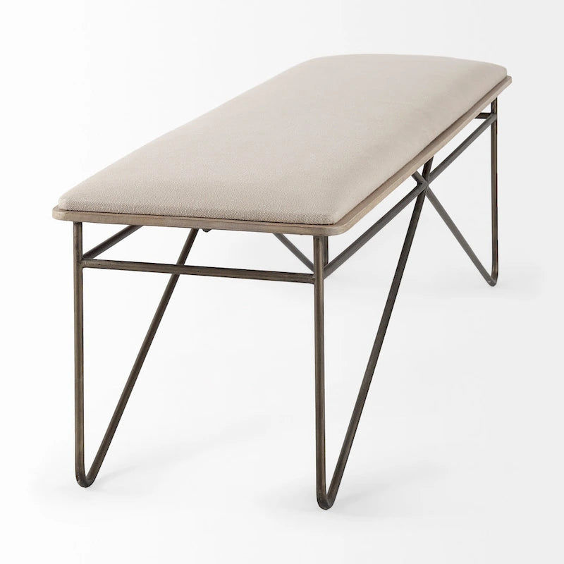 Cream Fabric Upholstered Bench with Dark Bronze Crossed Metal Frame