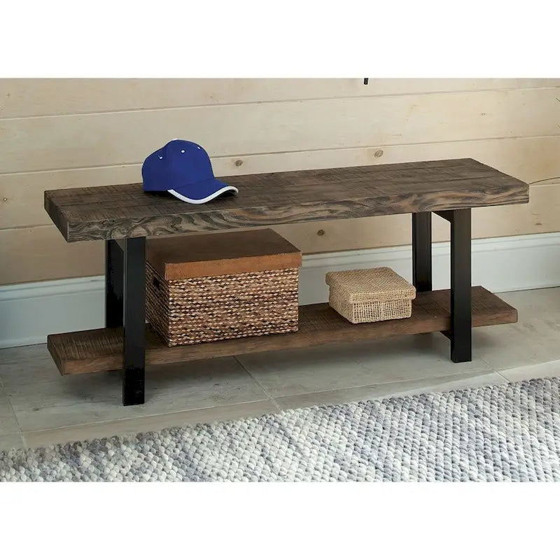 Rustic Brown Wood and Black Metal Storage Bench with Lower Shelf