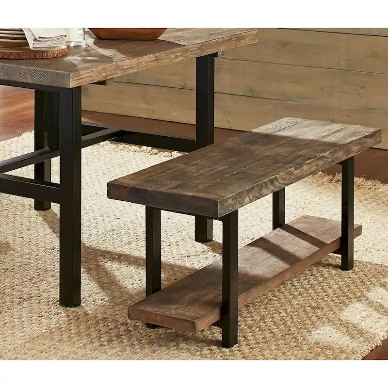 Rustic Brown Wood and Black Metal Storage Bench with Lower Shelf