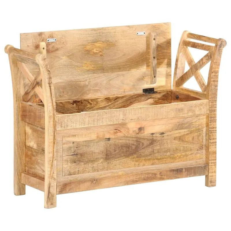 Solid Mango Wood Hall Bench with Storage and Cross Armrests Brown