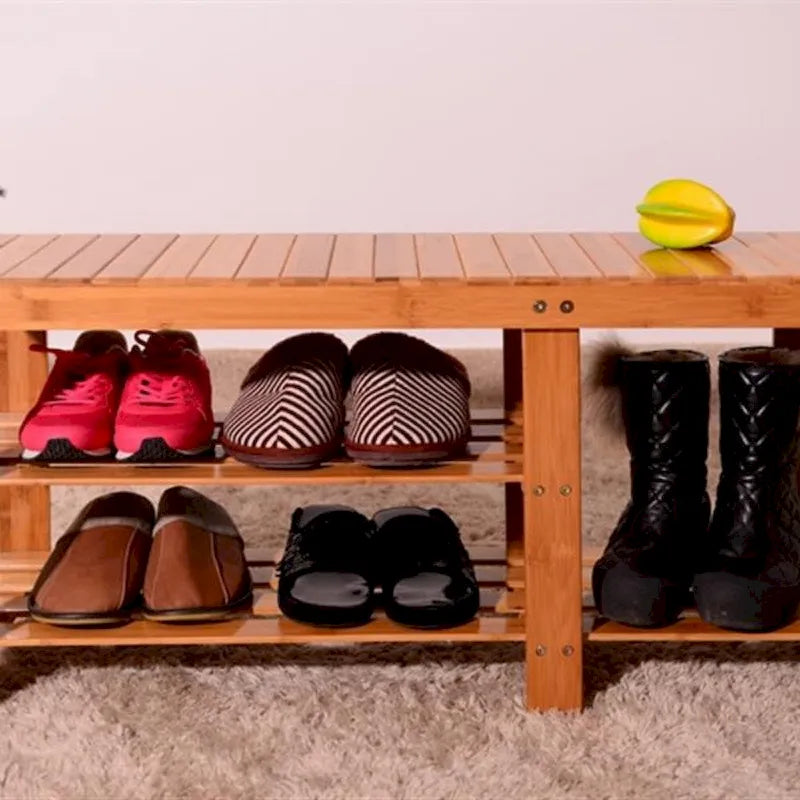 Bamboo Shoe Rack Bench with Strip Pattern and Boot Compartment Natural Brown