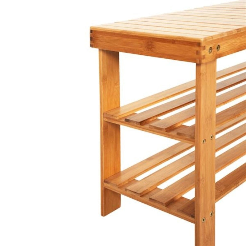 Bamboo Shoe Rack Bench with Strip Pattern and Boot Compartment Natural Brown