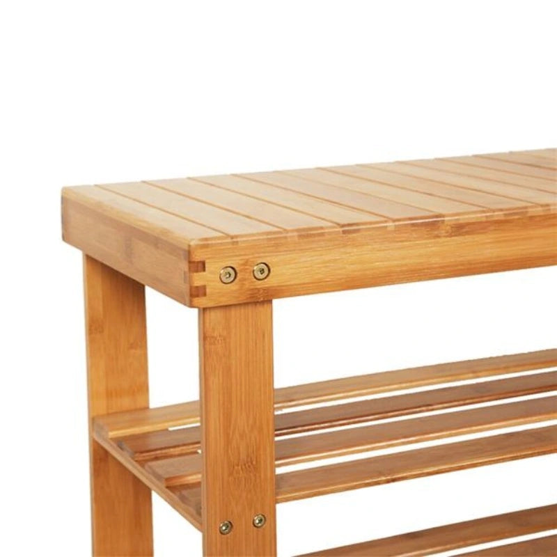 Bamboo Shoe Rack Bench with Strip Pattern and Boot Compartment Natural Brown