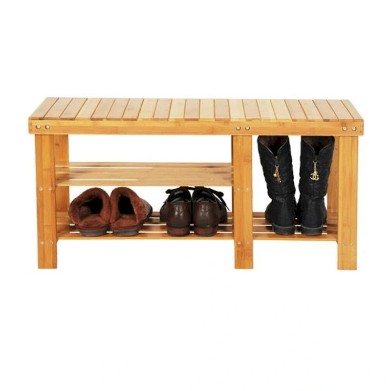 Bamboo Shoe Rack Bench with Strip Pattern and Boot Compartment Natural Brown