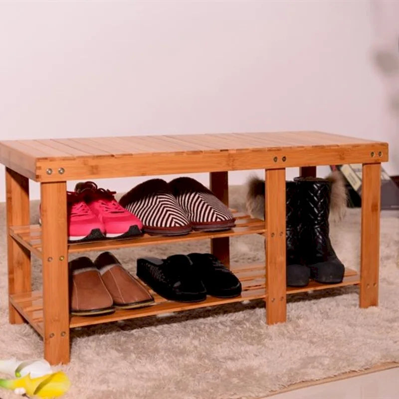 Bamboo Shoe Rack Bench with Strip Pattern and Boot Compartment Natural Brown